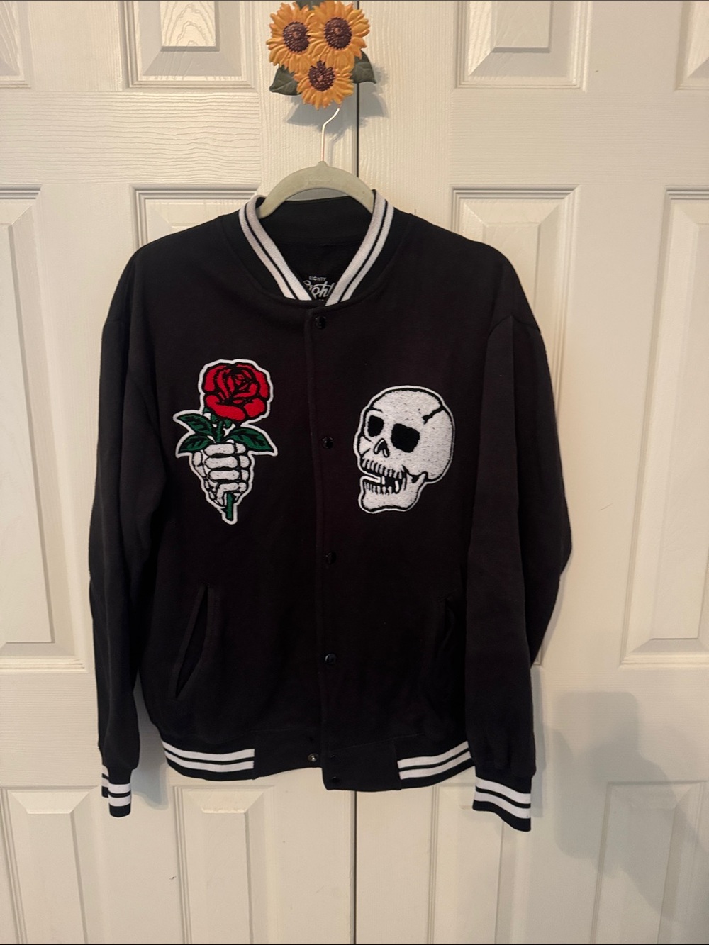 Eighty Eight Black Bomber Jacket with Rose & Skull Patches